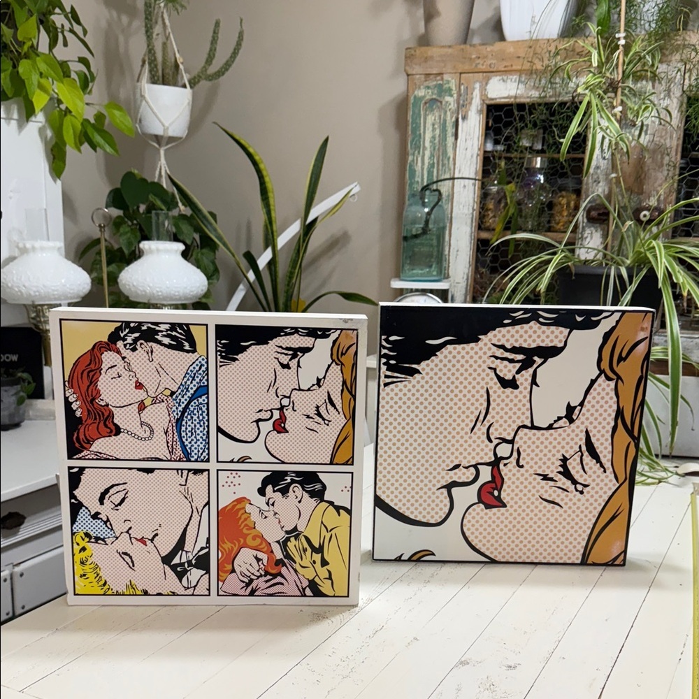 Pop Art Canvas Set with Romantic Scenes comic dots pointillism pictures X2